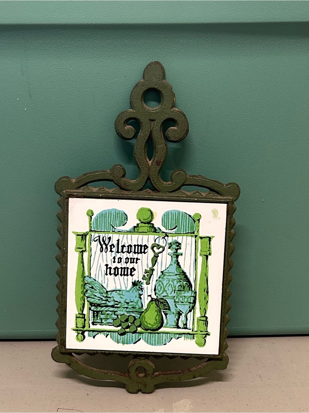 Vintage Cast Iron Ceramic Tile Trivet Welcome To Our Home Green Turquoise